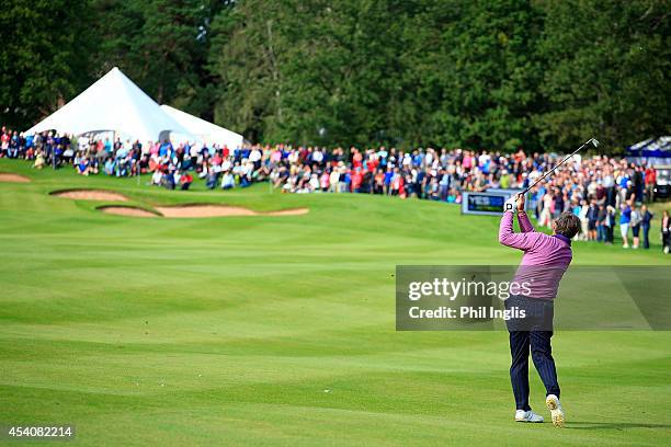 Barry Lane of England in action during the final round of the English Senior Open played at Rockliffe Hall on August 24, 2014 in Durham, United...