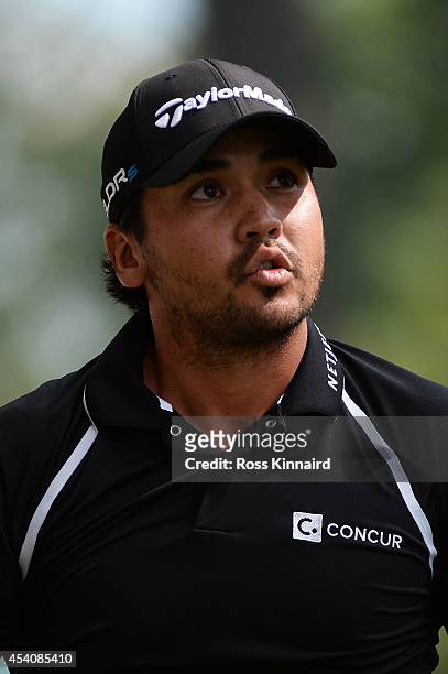 Jason Day of Australia reacts to his shot from the 6th tee during the final round of The Barclays at The Ridgewood Country Club on August 24, 2014 in...