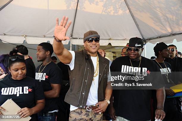 Cool J and WorldStar Hip Hop CEO, Lee O'Denat attend the 2nd Annual Worldstar Foundation Back To School Giveaway at Jamaica Colosseum Mall on August...