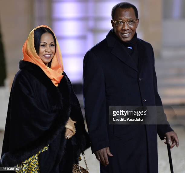 Chad's President Idriss Deby and his wife Hinda Deby arrive for a dinner with the French President as part of the Summit for Peace and Security in...