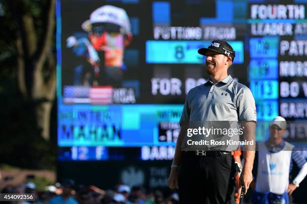 Hunter Mahan celebrates as he finishes on the 18th green during the final round of The Barclays at The Ridgewood Country Club on August 24, 2014 in...