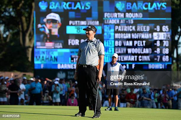 Hunter Mahan celebrates as he finishes on the 18th green during the final round of The Barclays at The Ridgewood Country Club on August 24, 2014 in...