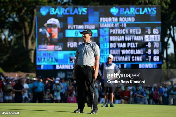 Hunter Mahan celebrates as he finishes on the 18th green during the final round of The Barclays at The Ridgewood Country Club on August 24, 2014 in...