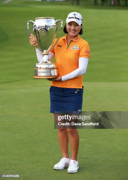 So Yeon Ryu of South Korea holds the championship trophy after her two stroke victory during the fourth round of the LPGA Canadian Pacific Women's...