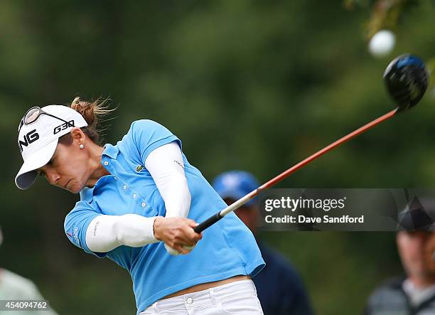 Azahara Munoz of Spain hits her tee shot on the 5th hole during the fourth round of the LPGA Canadian Pacific Women's Open at the London Hunt and...