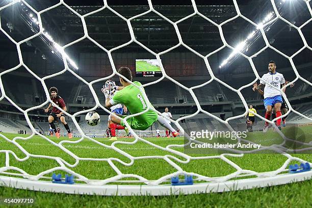 Marcelo Lomba of Bahia during the match between Atletico-PR and Bahia for the Brazilian Series A 2014 at Arena da Baixada on August 24, 2014 in...