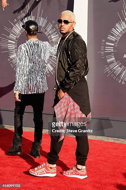 Recording artists Tyga and Chris Brown attend the 2014 MTV Video Music Awards at The Forum on August 24, 2014 in Inglewood, California.
