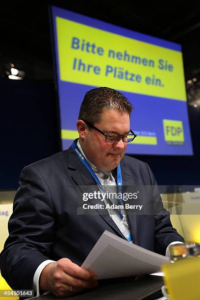 Patrick Doering, general secretary of the German Free Democratic Party , attends an FDP party congress on December 7, 2013 in Berlin, Germany. The...