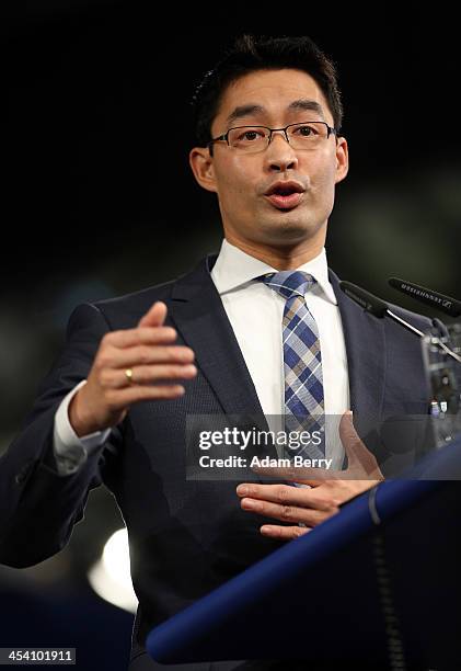 Philipp Roesler, head of the German Free Democratic Party , speaks at an FDP federal congress on December 7, 2013 in Berlin, Germany. The...