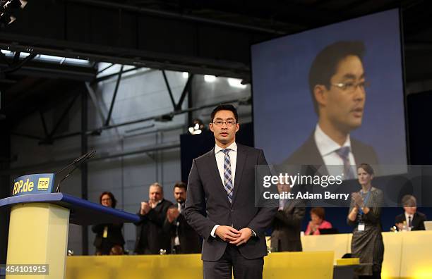 Philipp Roesler, head of the German Free Democratic Party , speaks at an FDP federal congress on December 7, 2013 in Berlin, Germany. The...