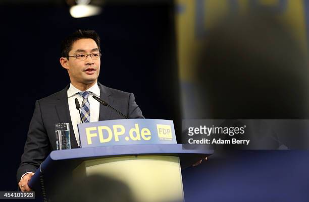 Philipp Roesler, head of the German Free Democratic Party , speaks at an FDP federal congress on December 7, 2013 in Berlin, Germany. The...