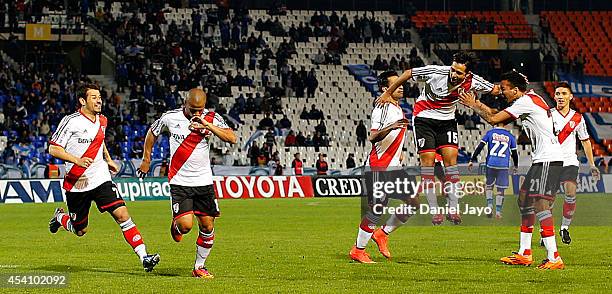 Carlos Sanchez, of River Plate, celebrates with teammates after scoring during a match between Godoy Cruz and River Plate as part of third round of...