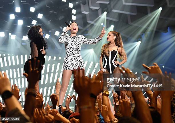 Jessie J, Ariana Grande and Nicki Minaj perform onstage during the 2014 MTV Video Music Awards at The Forum on August 24, 2014 in Inglewood,...