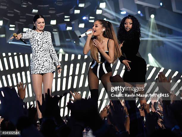 Jessie J, Ariana Grande and Nicki Minaj perform onstage during the 2014 MTV Video Music Awards at The Forum on August 24, 2014 in Inglewood,...