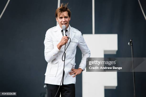 Howlin' Pelle Almqvist of The Hives performs on stage at Leeds Festival at Bramham Park on August 24, 2014 in Leeds, United Kingdom.