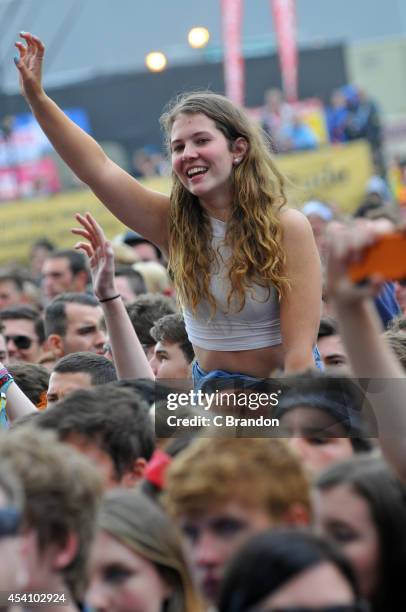 Crowd scene during the final day of the Reading Festival at Richfield Avenue on August 24, 2014 in Reading, United Kingdom.