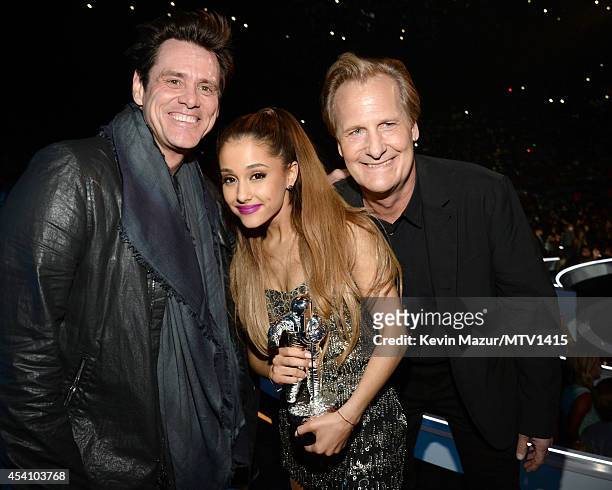 Jim Carrey, Ariana Grande and Jeff Daniels attend the 2014 MTV Video Music Awards at The Forum on August 24, 2014 in Inglewood, California.