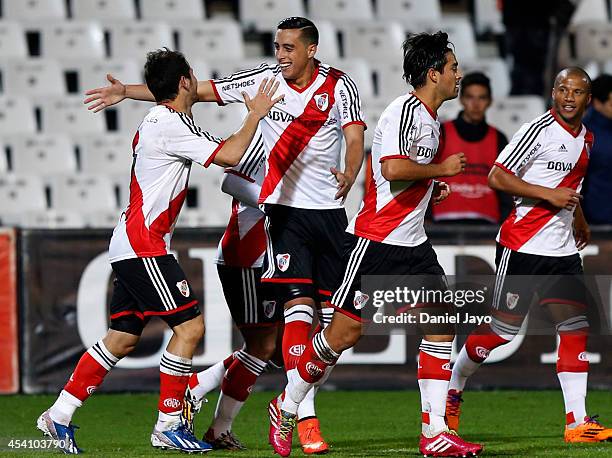 Rodrigo Mora , of River Plate, celebrates with teammates after scoring during a match between Godoy Cruz and River Plate as part of third round of...