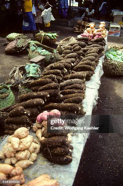 Papua New Guinea, Rabaul, New Britain Island, Local Market With Potatoes, Yams, Casava, & Tuberous Roots.