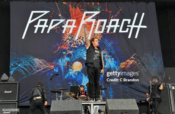 Jerry Horton, Tony Palermo, Jacoby Shaddix and Tobin Esperance of Papa Roach perform on stage at the Reading Festival at Richfield Avenue on August...