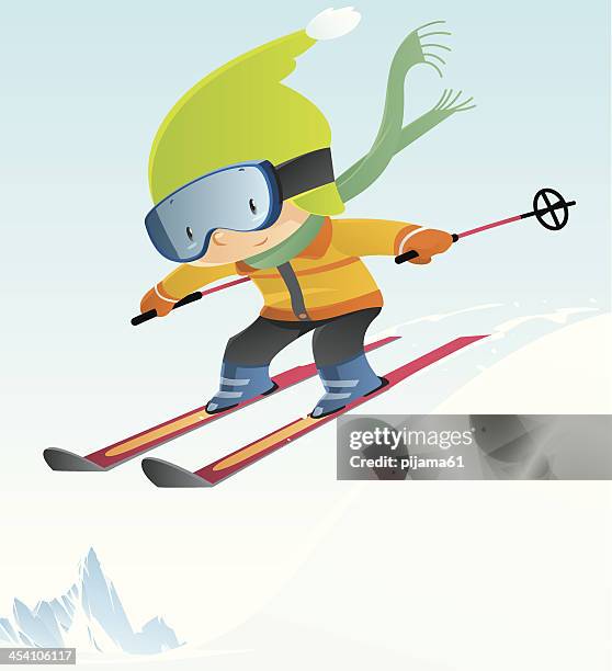 cartoon of boy skiing in mid-air jump - skiing stock illustrations