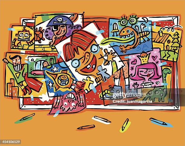 wandmalerei mit viele kinder zeichnungen.  collage. - farbpulver stock-grafiken, -clipart, -cartoons und -symbole