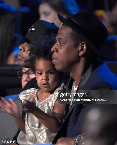 Blue Ivy Carter and Jay Z in the audience watching Beyonce perform during the 2014 MTV Video Music Awards at The Forum on August 24, 2014 in...