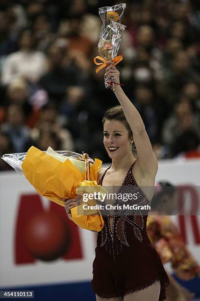 Ashley Wagner of the USA waves to the crowd after finishing her routine in the Ladies Free Skating Final during day three of the ISU Grand Prix of...