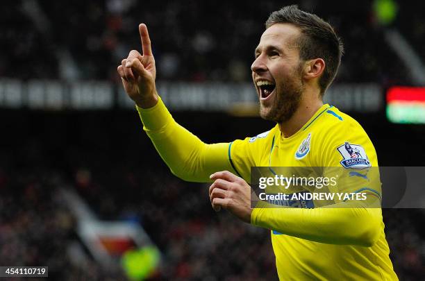 Newcastle United's French midfielder Yohan Cabaye celebrates scoring the opening goal during the English Premier League football match between...