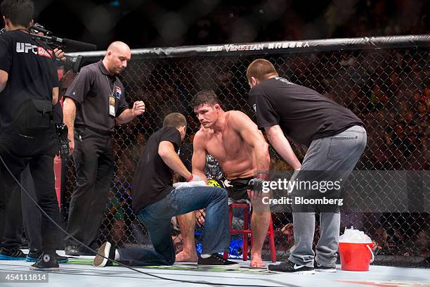 Michael Bisping rests between rounds during his bout at Ultimate Fighting Championship Fight Night at Cotai Arena, inside the Venetian Macao resort...