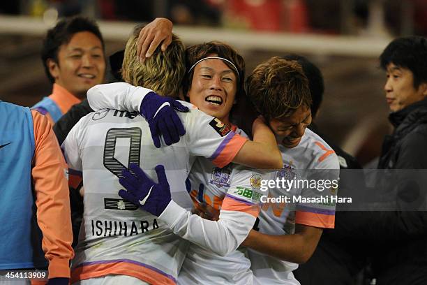 Kohei Shimizu celebrates the second goal during the J.League match between Kashima Antlers and Sanfrecce Hiroshima at Kashima Stadium on December 7,...