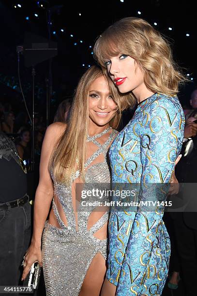 Recording artists Jennifer Lopez and Taylor Swift attend the 2014 MTV Video Music Awards at The Forum on August 24, 2014 in Inglewood, California.