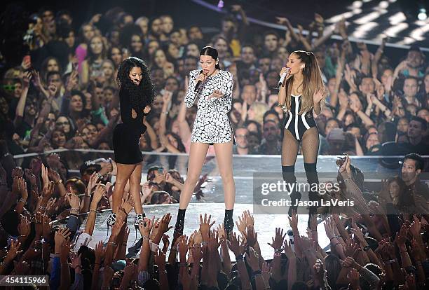 Nicki Minaj, Jessie J and Ariana Grande perform onstage at the 2014 MTV Video Music Awards at The Forum on August 24, 2014 in Inglewood, California.