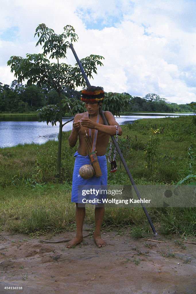 Amazon River, Jivaro Indian Man With Blow Gun...