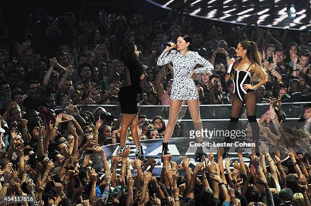 Recording artists Nicki Minaj , Jessie J, and Ariana Grande perform onstage during the 2014 MTV Video Music Awards at The Forum on August 24, 2014 in...