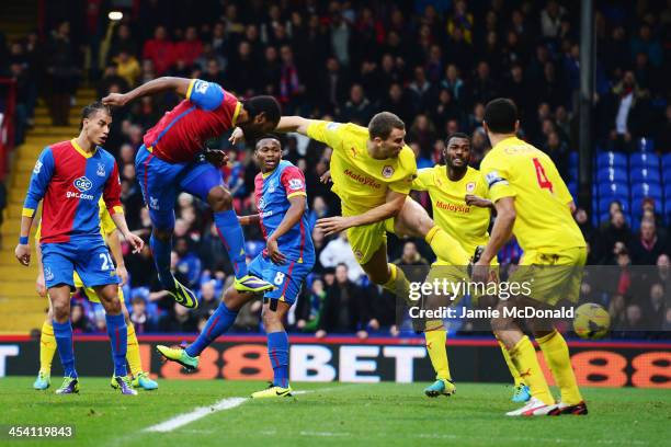 Cameron Jerome of Crystal Palace scores with his head during the Barclays Premier League match between Crystal Palace and Cardiff City at Selhurst...