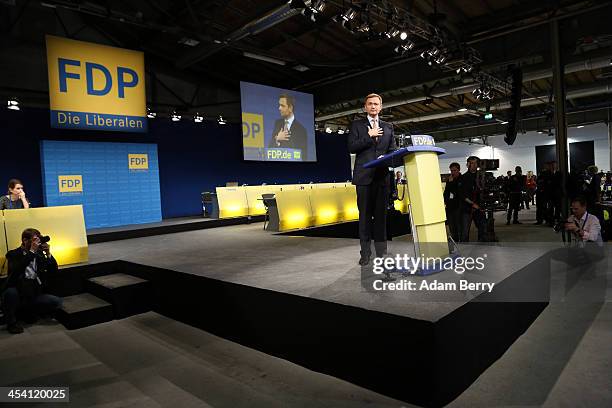 Christian Lindner, head of the German Free Democratic Party in North Rhine-Westphalia, speaks during an FDP federal congress on December 7, 2013 in...