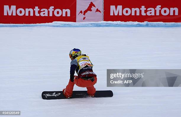 Czech Republic's Eva Samkova competes during the women's snowboard cross event as part of the FIS Snowboard world cup season opening, in Schruns...