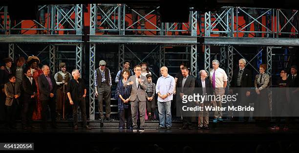 Alan Menken, Thomas Schumacher, Jack Feldman, Harvey Fierstein and cast during the 'Newsies' Final Broadway Curtain Call at the Nederlander Theatre...
