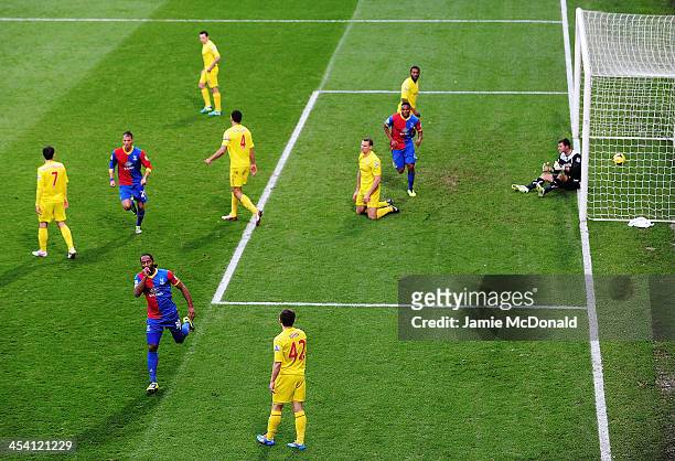 Cameron Jerome of Crystal Palace celebrates scoring past David Marshall the Cardiff City goalkeeper during the Barclays Premier League match between...