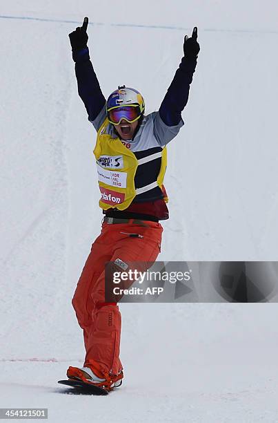 Czech Republic's Eva Samkova crosses the finish line during the women's snowboard cross final run as part of the FIS Snowboard world cup season...