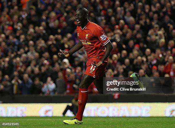 Mamadou Sakho of Liverpool celebrates scoring his team's second goal during the Barclays Premier League match between Liverpool and West Ham United...