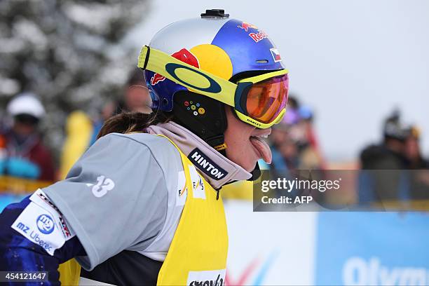 Czech Republic's Eva Samkova reacts at the women's snowboard cross final run as part of the FIS Snowboard world cup season opening, in Schruns...