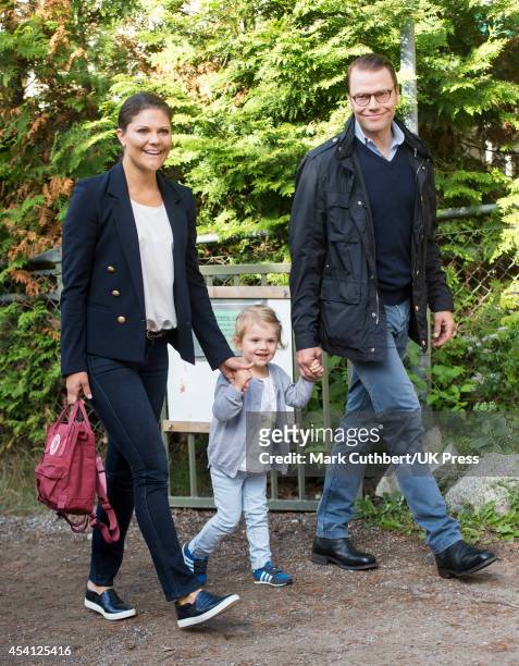 Crown Princess Victoria of Sweden and Prince Daniel, Duke of Vastergotland attend a photocall on Princess Estelle's first day at pre-school on August...