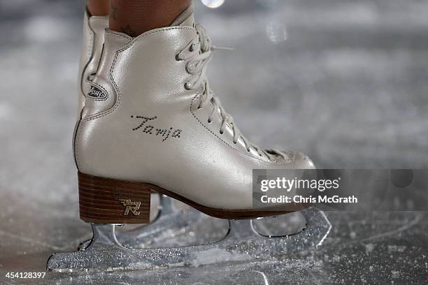 General view of the skates of Tatiana Volosozhar during the Pairs Free Skating Final victory ceremony on day three of the ISU Grand Prix of Figure...