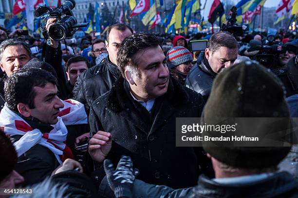 Mikheil Saakashvili, the former president of Georgia, arrives on Independence Square in support of anti-government protesters on December 7, 2013 in...