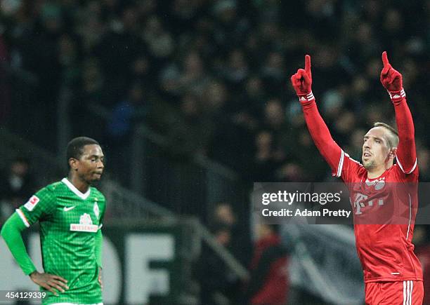 Franck Ribery of Bayern celebrates scoring a goal during the Bundesliga match between Werder Bremen and FC Bayern Muenchen at Weserstadion on...