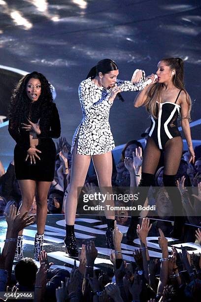 Recording artists Ariana Grande, Nicki Minaj and Jessie J perform at the 2014 MTV Video Music Awards held at The Forum on August 24, 2014 in...