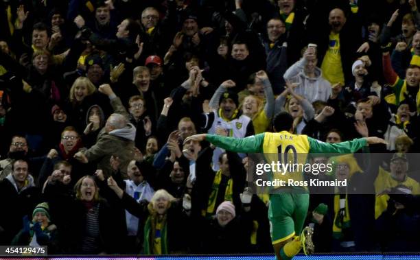 Leroy Fer of Norwich celebrates after scoring their second goal during the Premier League match between West Bromwich Albion and Norwich City at The...