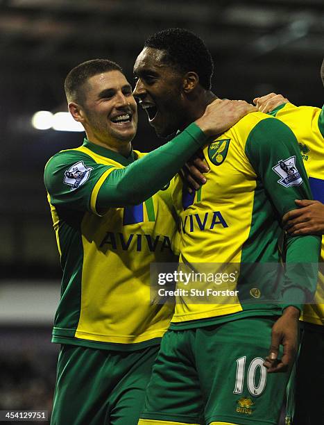 Norwich player Leroy Fer celebrates after scoring the second goal with Gary Hooper during the Barclays Premier League match between West Bromwich...